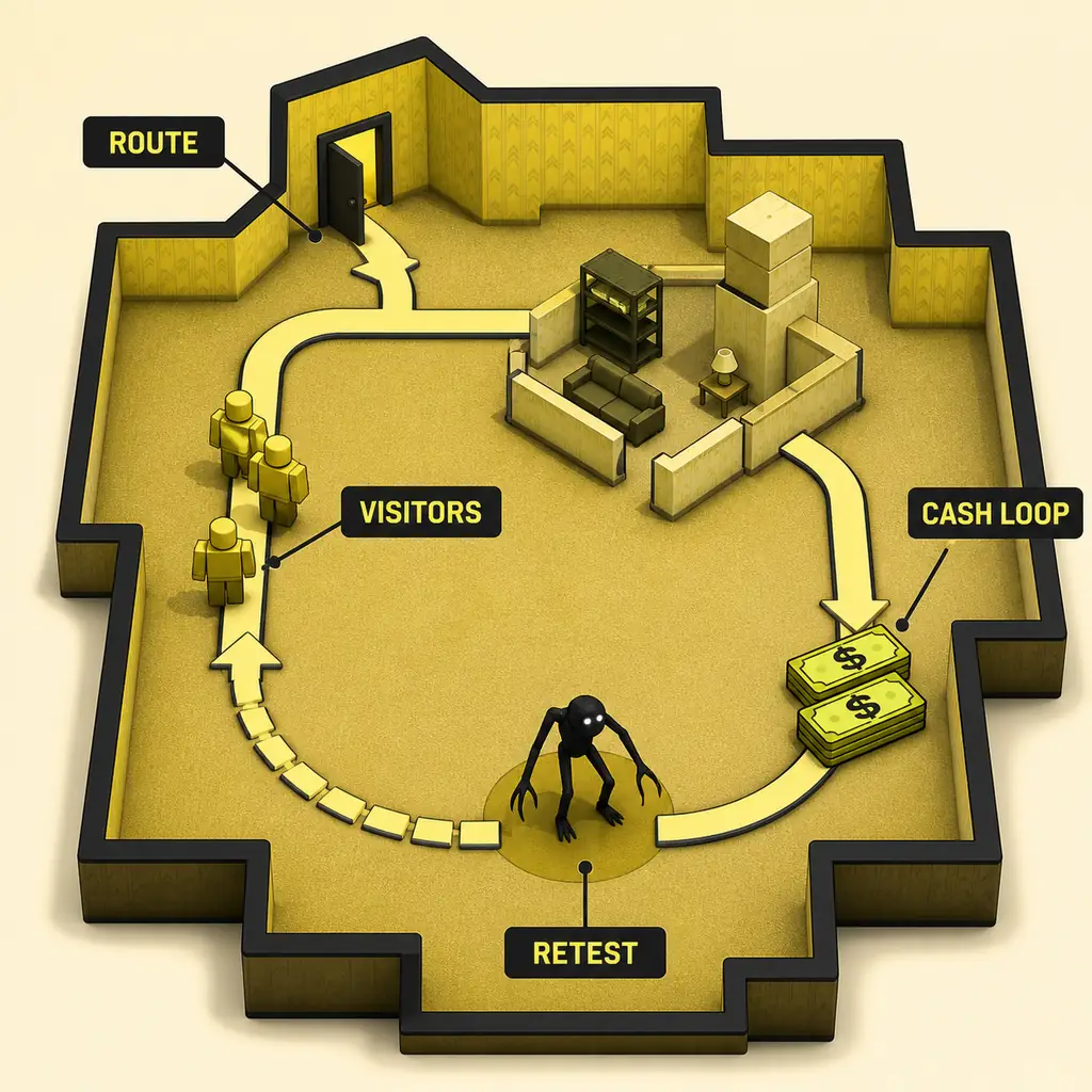 Conceptual diagram of the Build Your Backrooms route, visitor, cash loop, monster test, and retest cycle