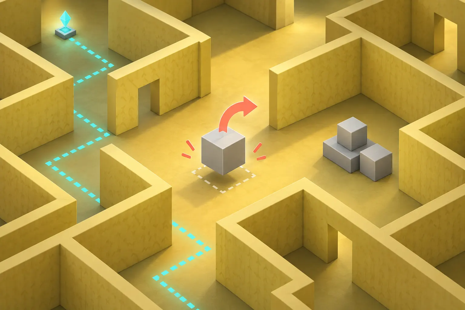Editorial Build Your Backrooms maze diagram showing an item selected for removal and a route kept for comparison