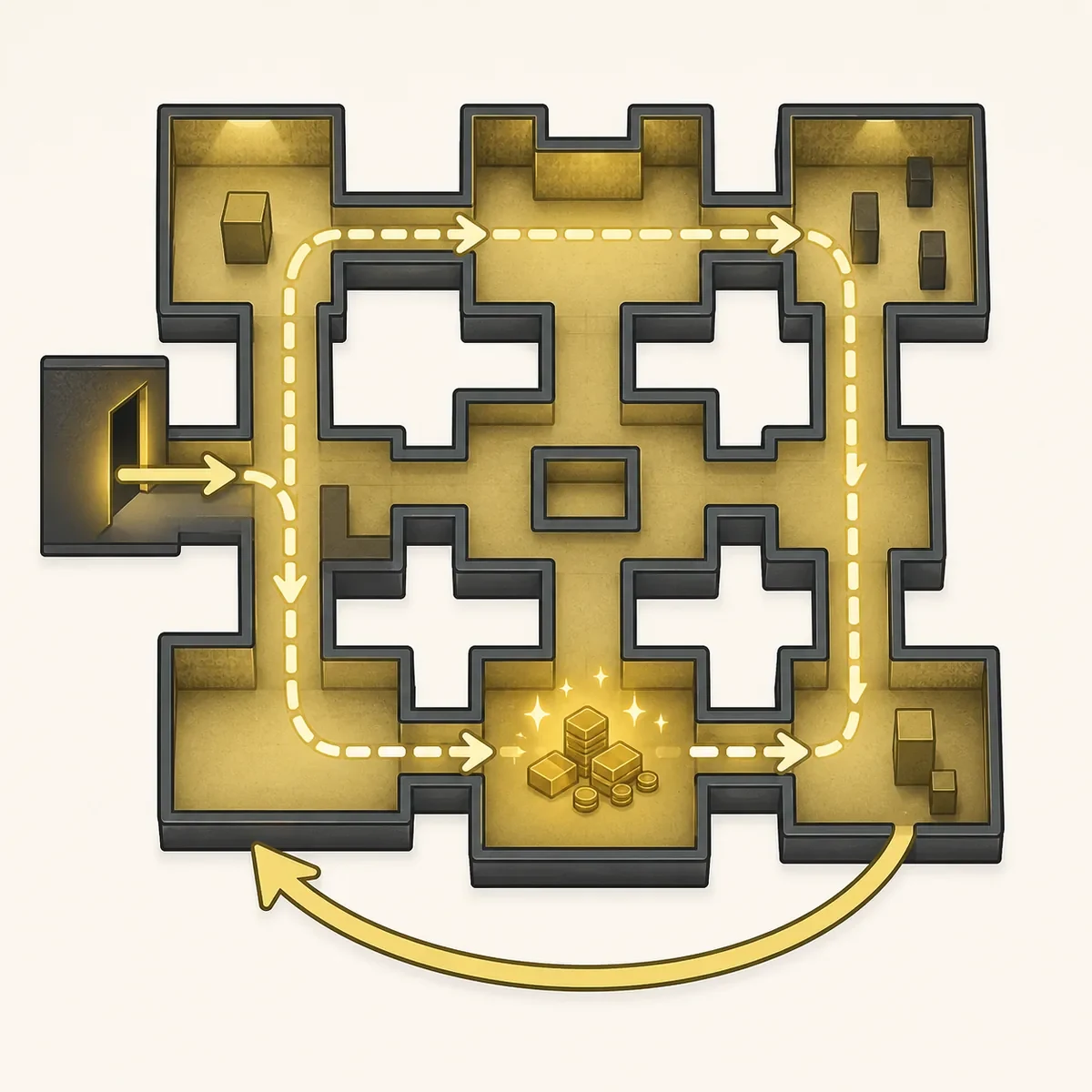 Editorial diagram of a compact Build Your Backrooms cash loop and visitor route