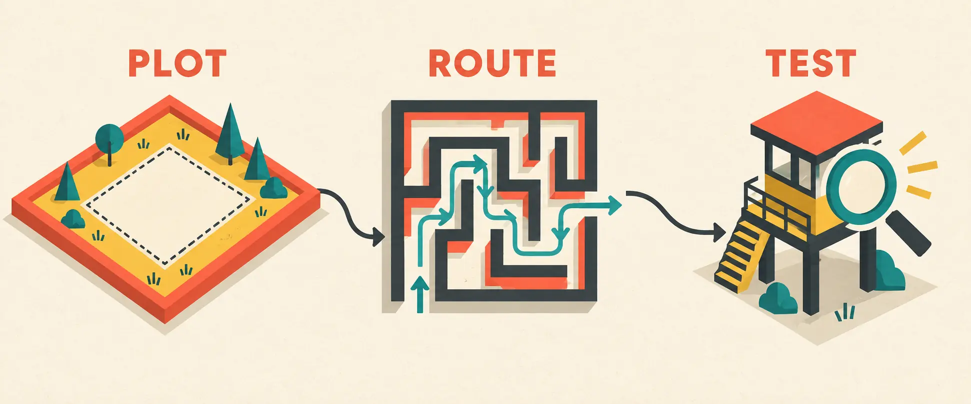 Editorial concept diagram showing a Build Your Backrooms plot becoming a route and then a test