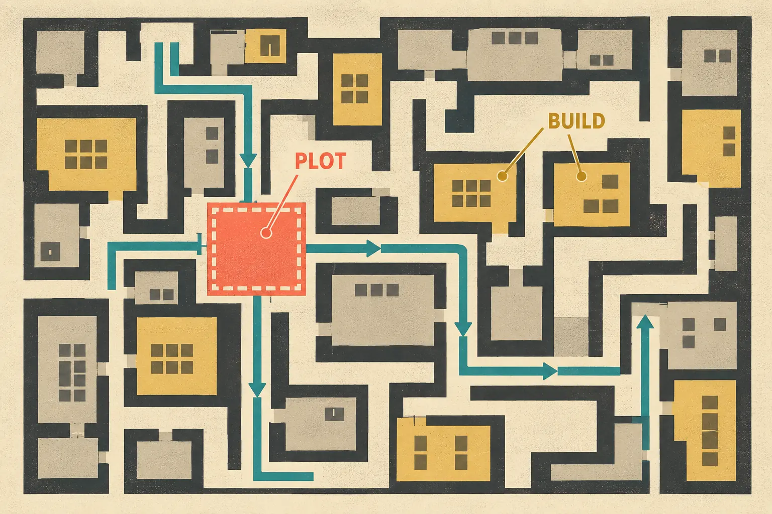 Editorial concept illustration showing a highlighted plot inside a Build Your Backrooms maze