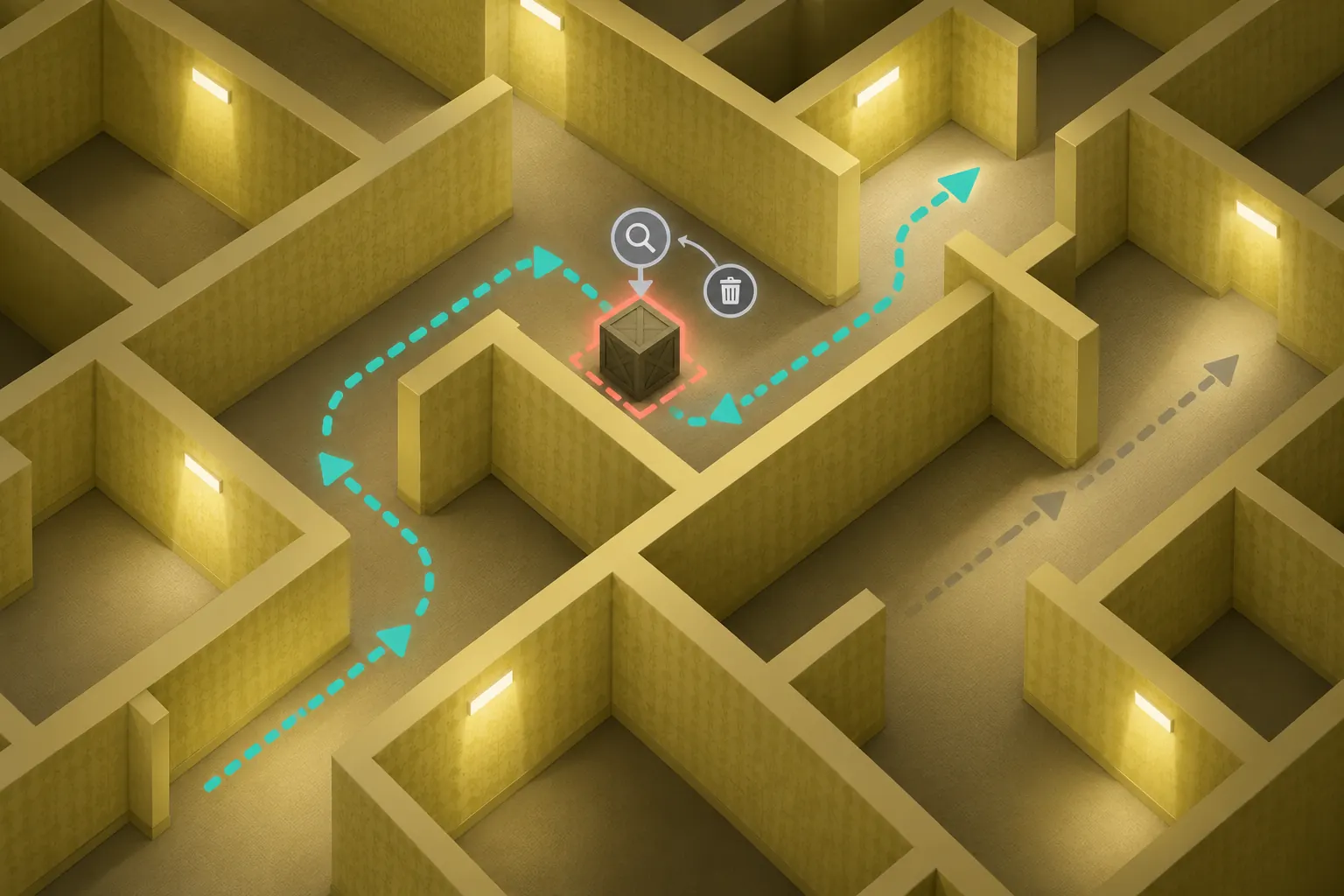 Editorial Build Your Backrooms item removal concept inside a yellow maze