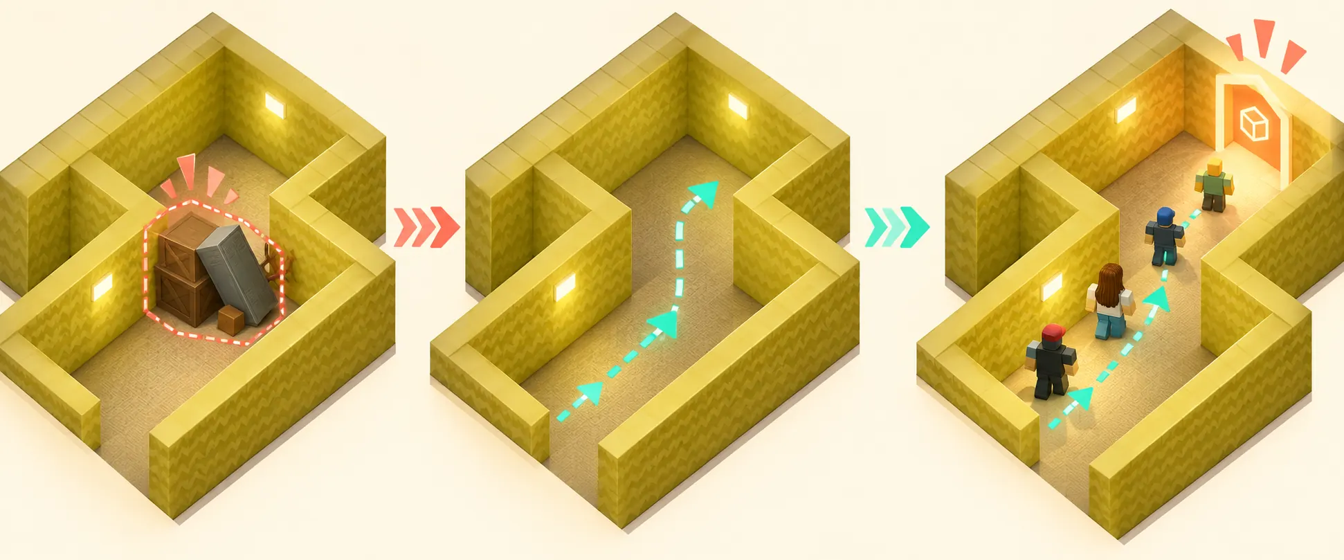 Editorial three-stage Build Your Backrooms route showing obstacle, open path, and visitor retest